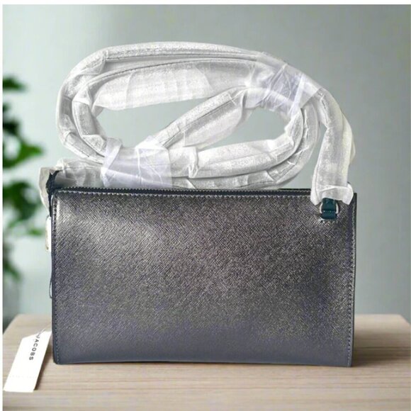 Marc Jacobs Crossbody Small Clutch Green Gray Leather Pleated Two Tone - Picture 2 of 9